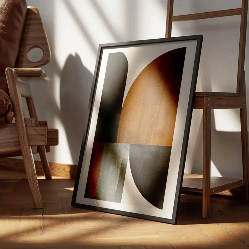 affiche avec illustration graphique de formes abstraites beige marron et noir a encadre.webp