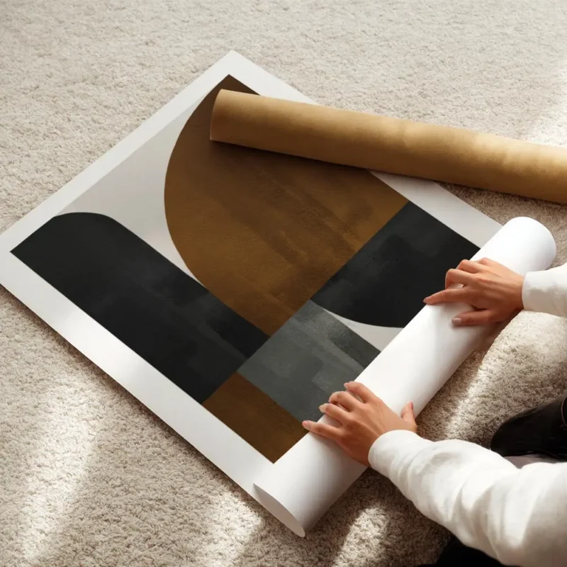 affiche avec illustration graphique de formes abstraites beige marron et noir a enroule.webp