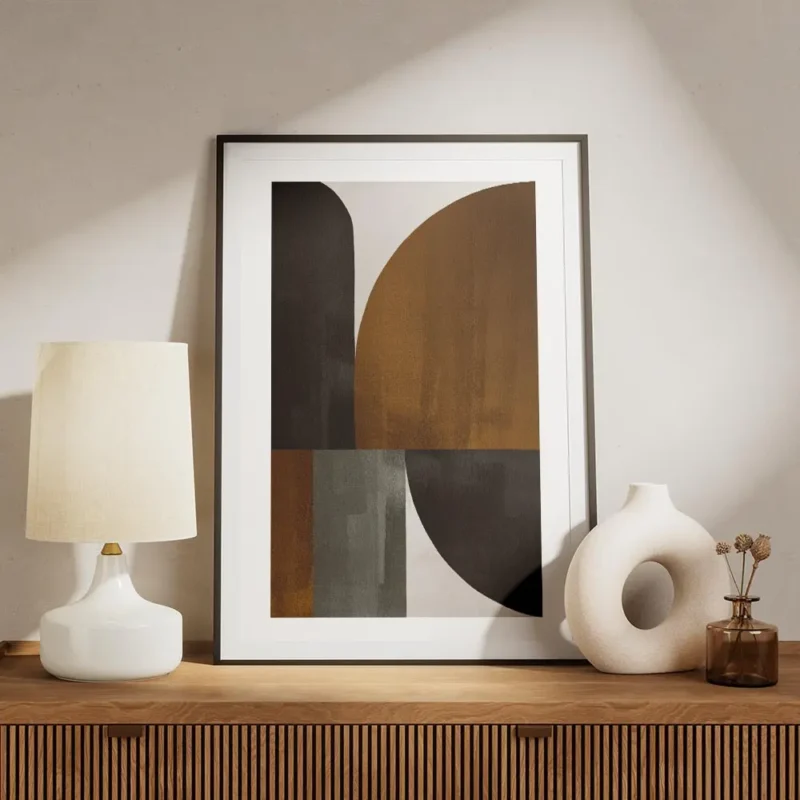 affiche avec illustration graphique de formes abstraites beige marron et noir a meuble.webp