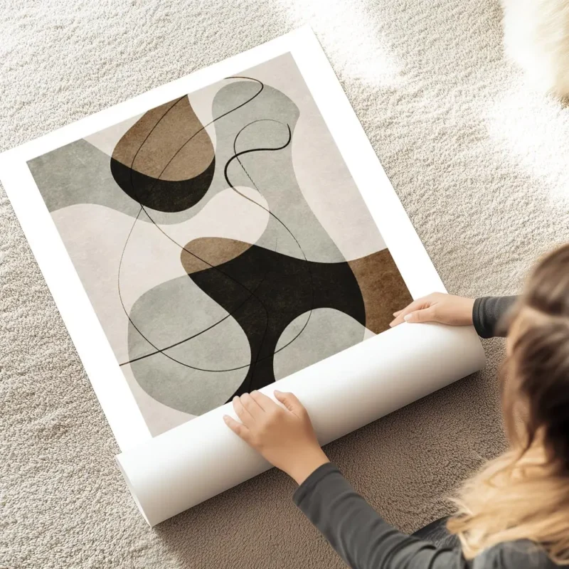 affiche avec illustration graphique de formes abstraites marron grises et noires au sol.webp