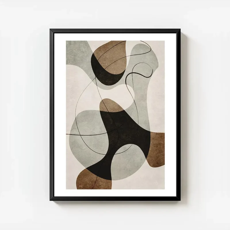 affiche avec illustration graphique de formes abstraites marron grises et noires avec cadre.webp