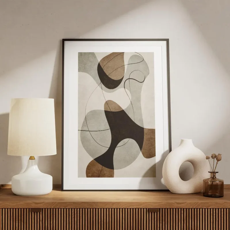 affiche avec illustration graphique de formes abstraites marron grises et noires meuble.webp
