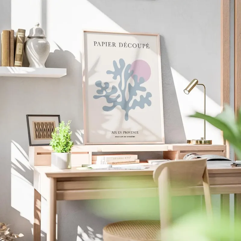affiche avec illustration graphique dun corail abstrait bleu sarcelle et dun cer bureau.webp