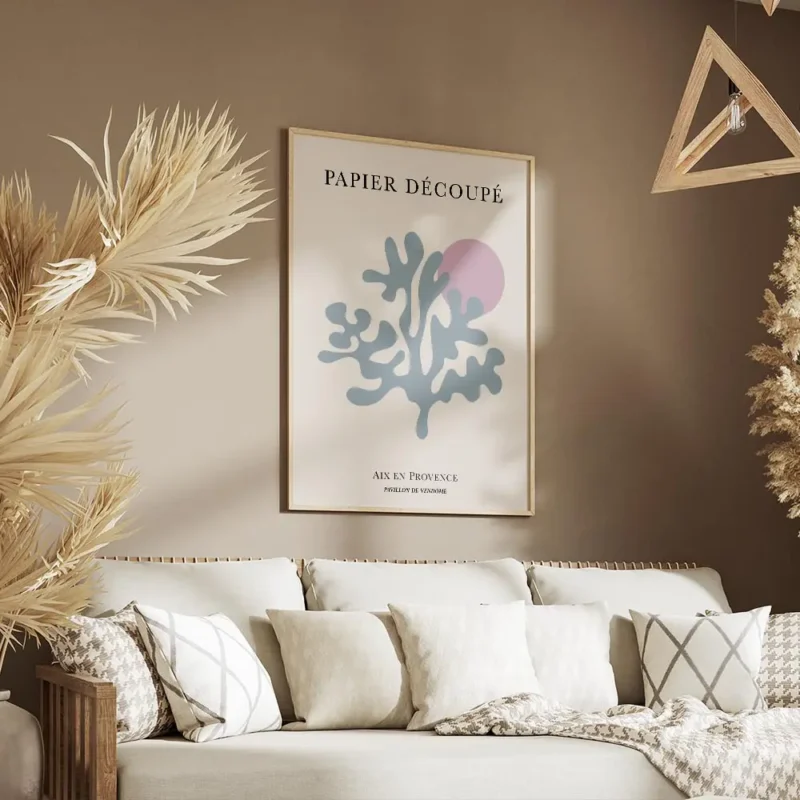 affiche avec illustration graphique dun corail abstrait bleu sarcelle et dun cer salon.webp