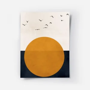 affiche avec illustration graphique dun soleil orange et doiseaux noirs sur fond.webp