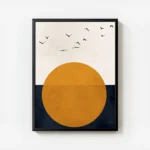 affiche avec illustration graphique dun soleil orange et doiseaux noirs sur fond avec cadre.webp