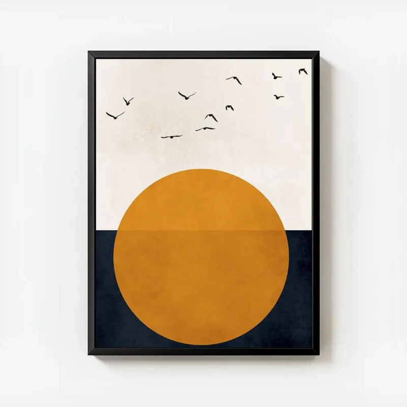 affiche avec illustration graphique dun soleil orange et doiseaux noirs sur fond avec cadre.webp