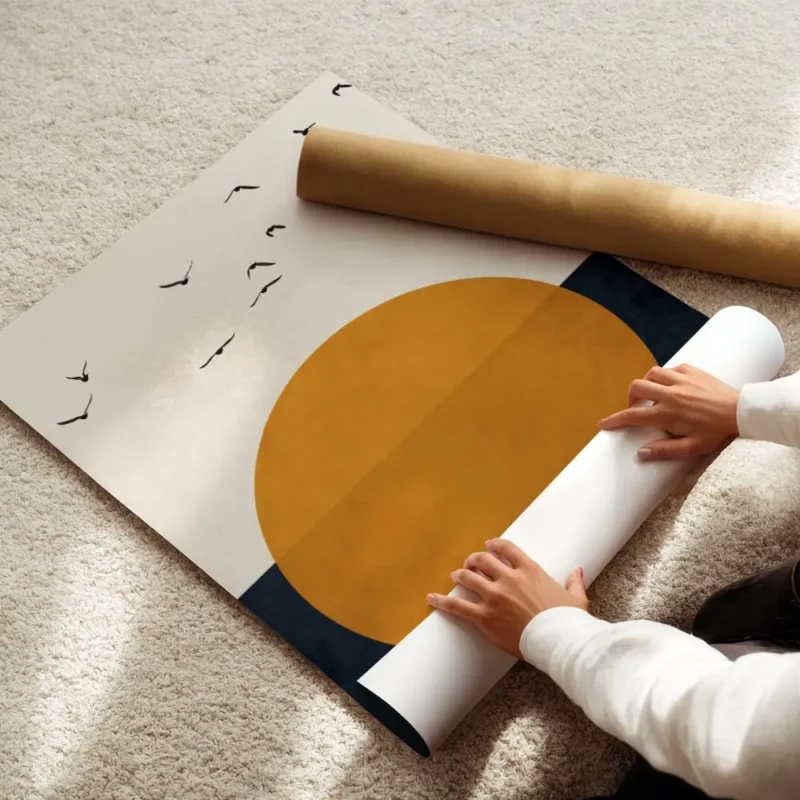 affiche avec illustration graphique dun soleil orange et doiseaux noirs sur fond enroule.webp