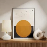 affiche avec illustration graphique dun soleil orange et doiseaux noirs sur fond meuble.webp