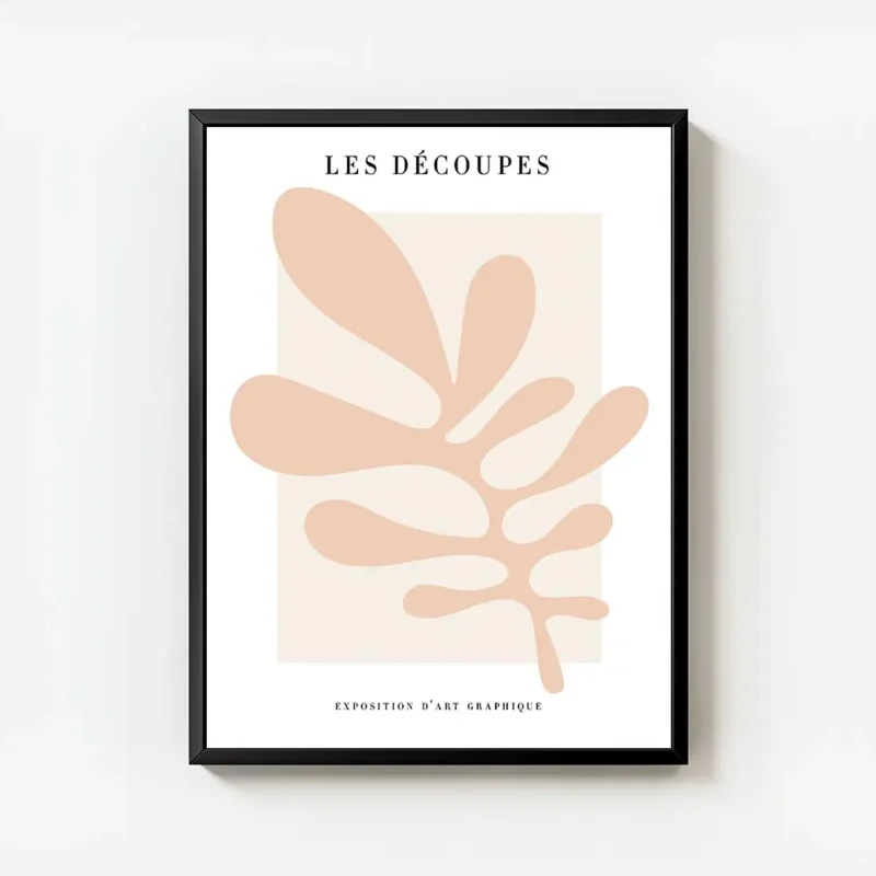 affiche avec illustration graphique dune feuille abstraite rose sur fond beige c avec cadre.webp