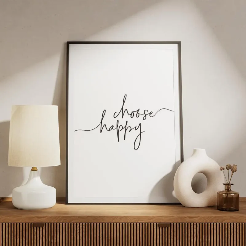affiche avec la citation manuscrite noire choose happy sur fond blanc typographi meuble.webp