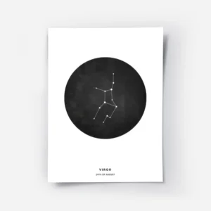 affiche avec la constellation de la vierge en blanc dans un cercle noir sur un f.webp