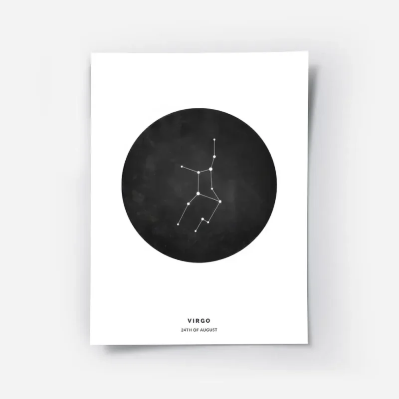 affiche avec la constellation de la vierge en blanc dans un cercle noir sur un f.webp
