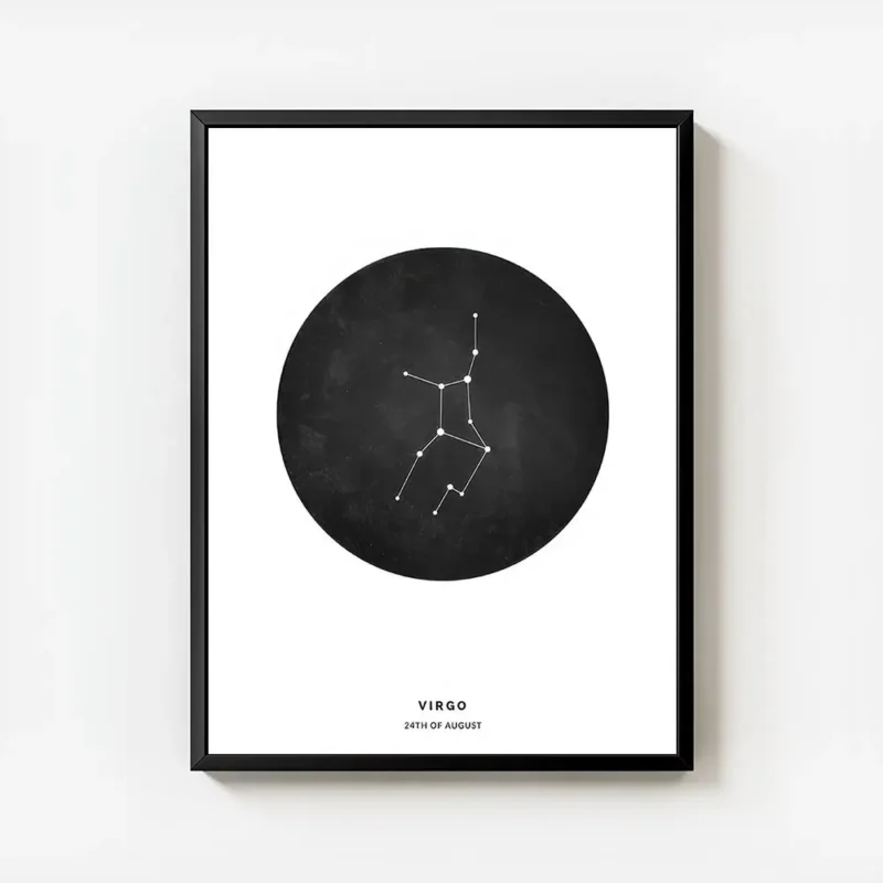 affiche avec la constellation de la vierge en blanc dans un cercle noir sur un f avec cadre.webp