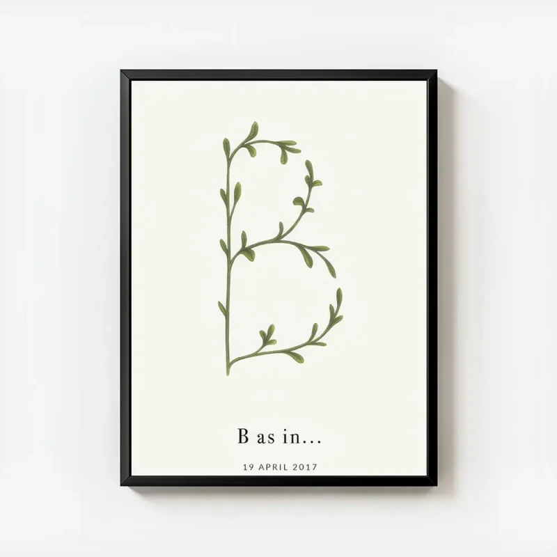 affiche avec la lettre b formee par une plante verte et du texte personnalisable avec cadre.webp