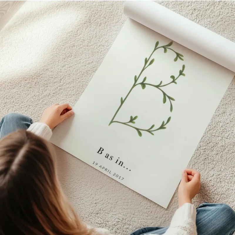 affiche avec la lettre b formee par une plante verte et du texte personnalisable en rouleau.webp