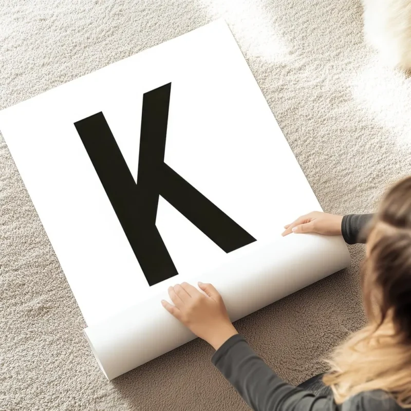affiche avec la lettre k noire en typographie sur fond blanc texte personnalisab au sol.webp