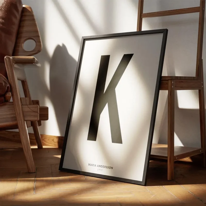 affiche avec la lettre k noire en typographie sur fond blanc texte personnalisab encadre.webp