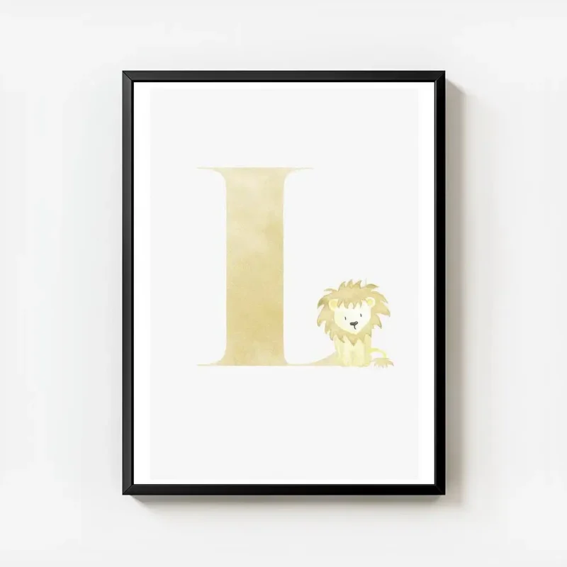 affiche avec la lettre l en beige et un lionceau mignon en illustration avec cadre.webp
