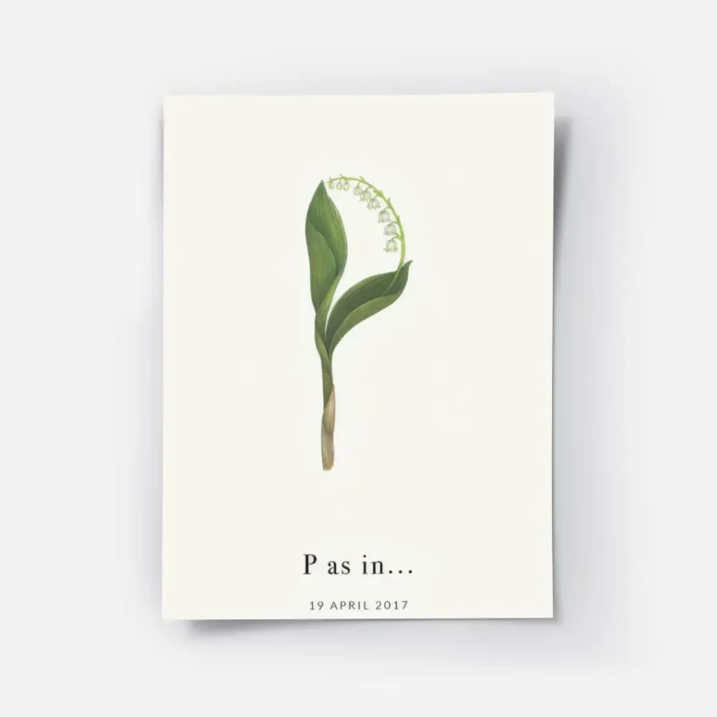 affiche avec la lettre p formee par du muguet et du texte typographie noir en ba.webp