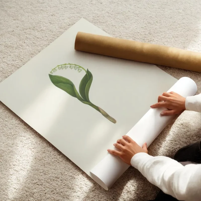affiche avec la lettre p formee par du muguet et du texte typographie noir en ba enroule.webp