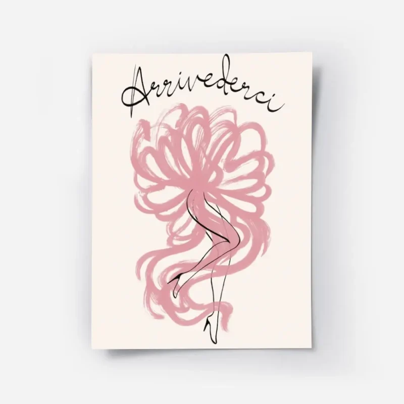 affiche avec le mot arrivederci en typographie noire surmontant une esquisse flo.webp