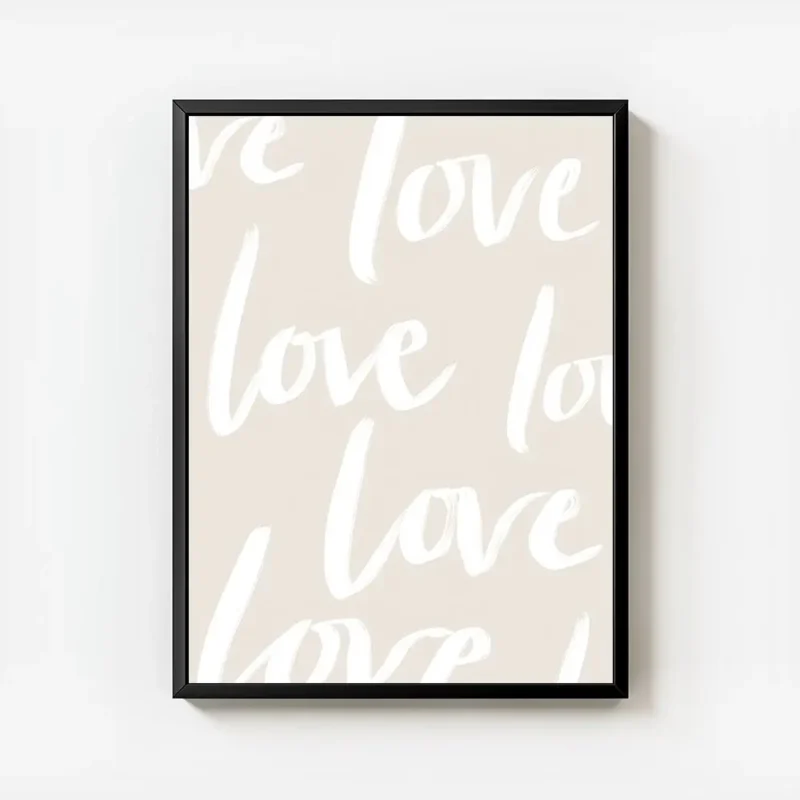 affiche avec le mot love en typographie blanche repetee sur un fond beige clair avec cadre.webp