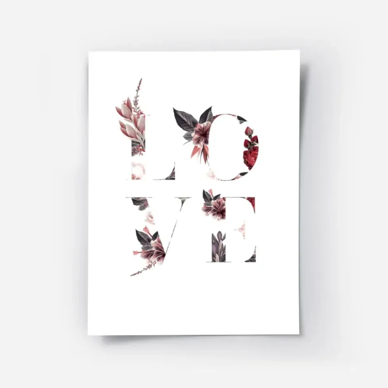 affiche avec le mot love forme de fleurs roses rouges et violettes ideal pour un.webp