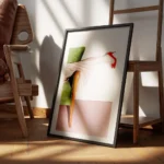 affiche avec le pied dune femme en escarpin rouge elegant jupe plissee rose sur encadre.webp