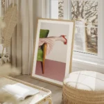 affiche avec le pied dune femme en escarpin rouge elegant jupe plissee rose sur salon beige.webp