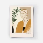 affiche avec le portrait dune femme en orange illustration plante verte bordure .webp