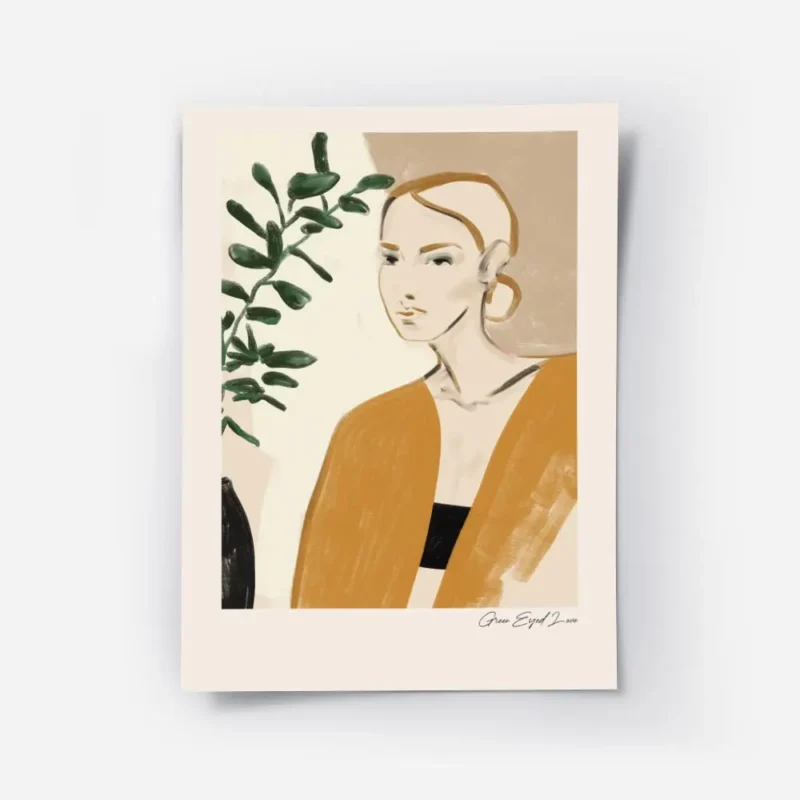 affiche avec le portrait dune femme en orange illustration plante verte bordure .webp