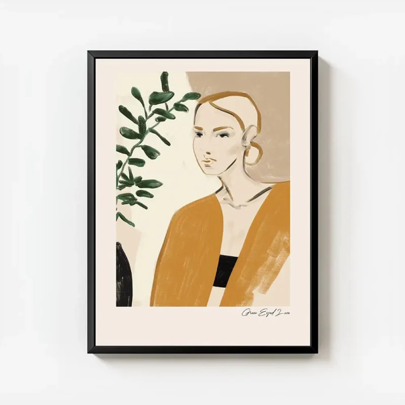 affiche avec le portrait dune femme en orange illustration plante verte bordure avec cadre.webp