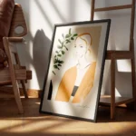 affiche avec le portrait dune femme en orange illustration plante verte bordure encadre.webp