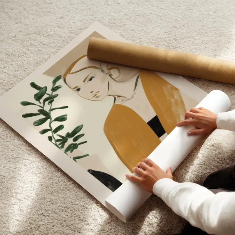affiche avec le portrait dune femme en orange illustration plante verte bordure enroule.webp