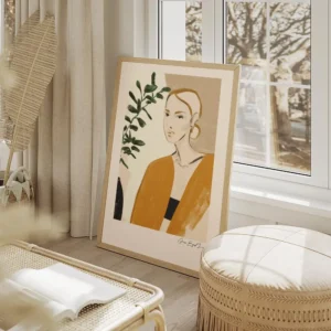 affiche avec le portrait dune femme en orange illustration plante verte bordure salon beige.webp