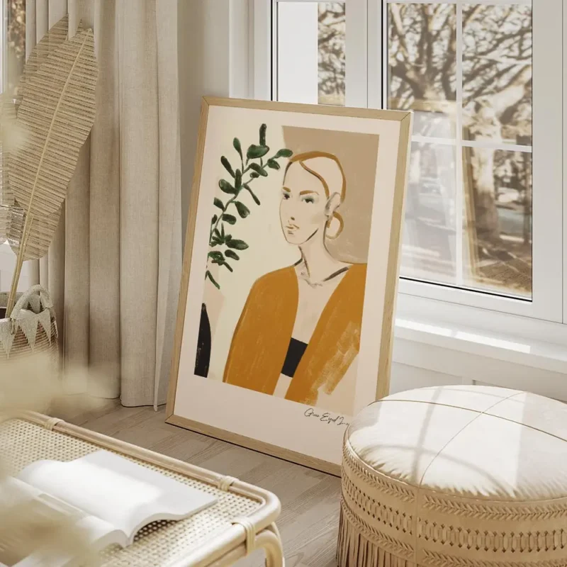 affiche avec le portrait dune femme en orange illustration plante verte bordure salon beige.webp