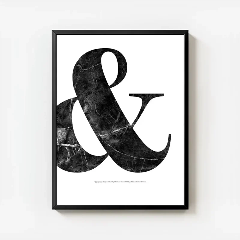 affiche avec le symbole esperluette en marbre noir sur fond blanc typographie el avec cadre.webp