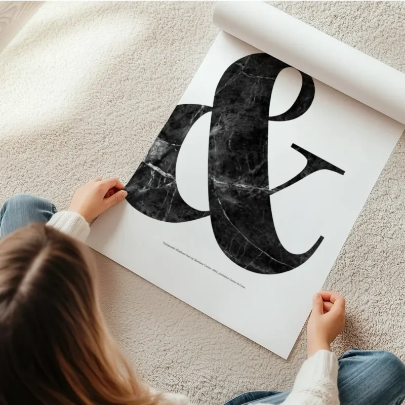 affiche avec le symbole esperluette en marbre noir sur fond blanc typographie el en rouleau.webp