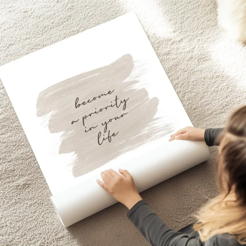 affiche avec le texte become a priority in your life en typographie noire sur un au sol.webp