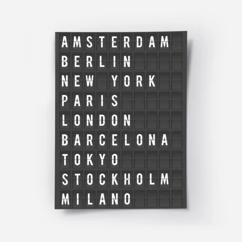 affiche avec le texte des noms de villes en typographie blanche sur fond noir co.webp