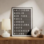 affiche avec le texte des noms de villes en typographie blanche sur fond noir co meuble.webp
