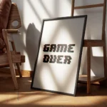 affiche avec le texte game over en lettres pixelisees noires ombres rouges et ve encadre.webp