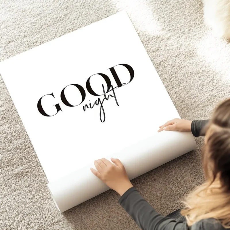 affiche avec le texte good night en typographie noire sur fond blanc au sol.webp