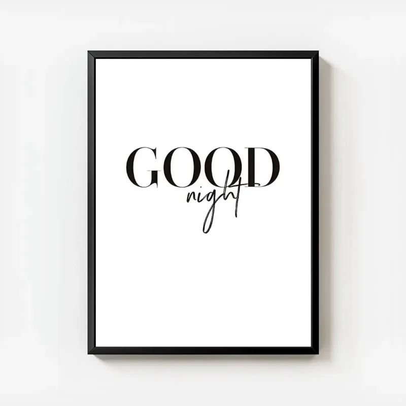 affiche avec le texte good night en typographie noire sur fond blanc avec cadre.webp