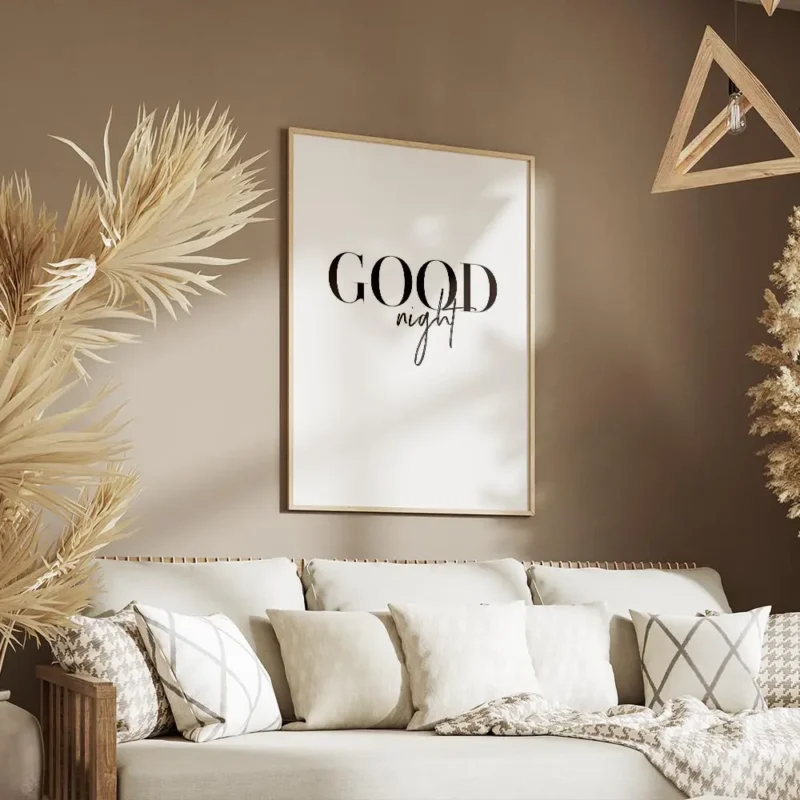 affiche avec le texte good night en typographie noire sur fond blanc salon.webp