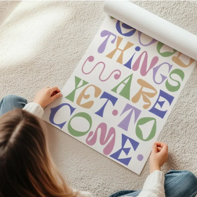 affiche avec le texte good things are yet to come en typographie coloree nuances en rouleau.webp