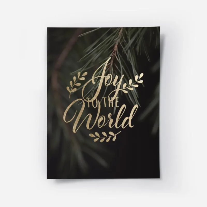 affiche avec le texte joy to the world en typographie doree sur un fond vert fon.webp