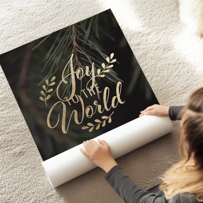 affiche avec le texte joy to the world en typographie doree sur un fond vert fon au sol.webp