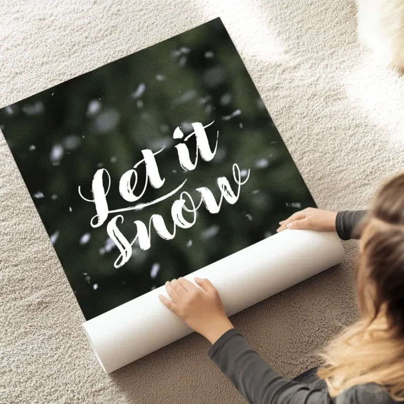 affiche avec le texte let it snow en typographie blanche manuscrite sur un fond au sol.webp